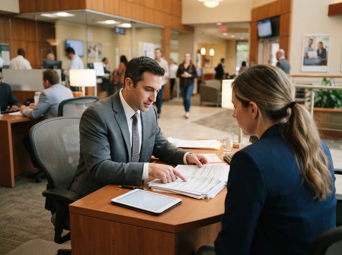 A bank employee discusses loan paperwork with a customer at a branch desk.