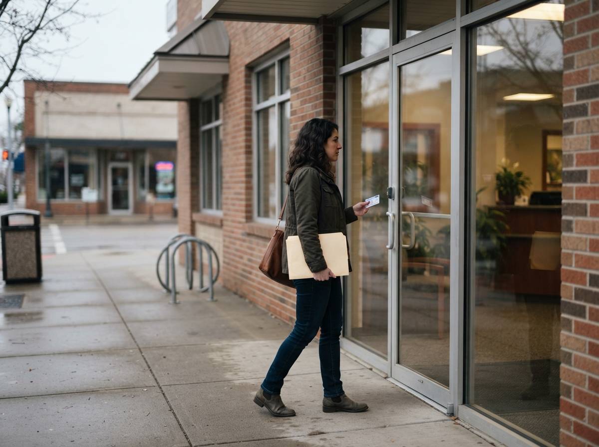 A borrower arrives at a credit union branch carrying identification and loan paperwork.
