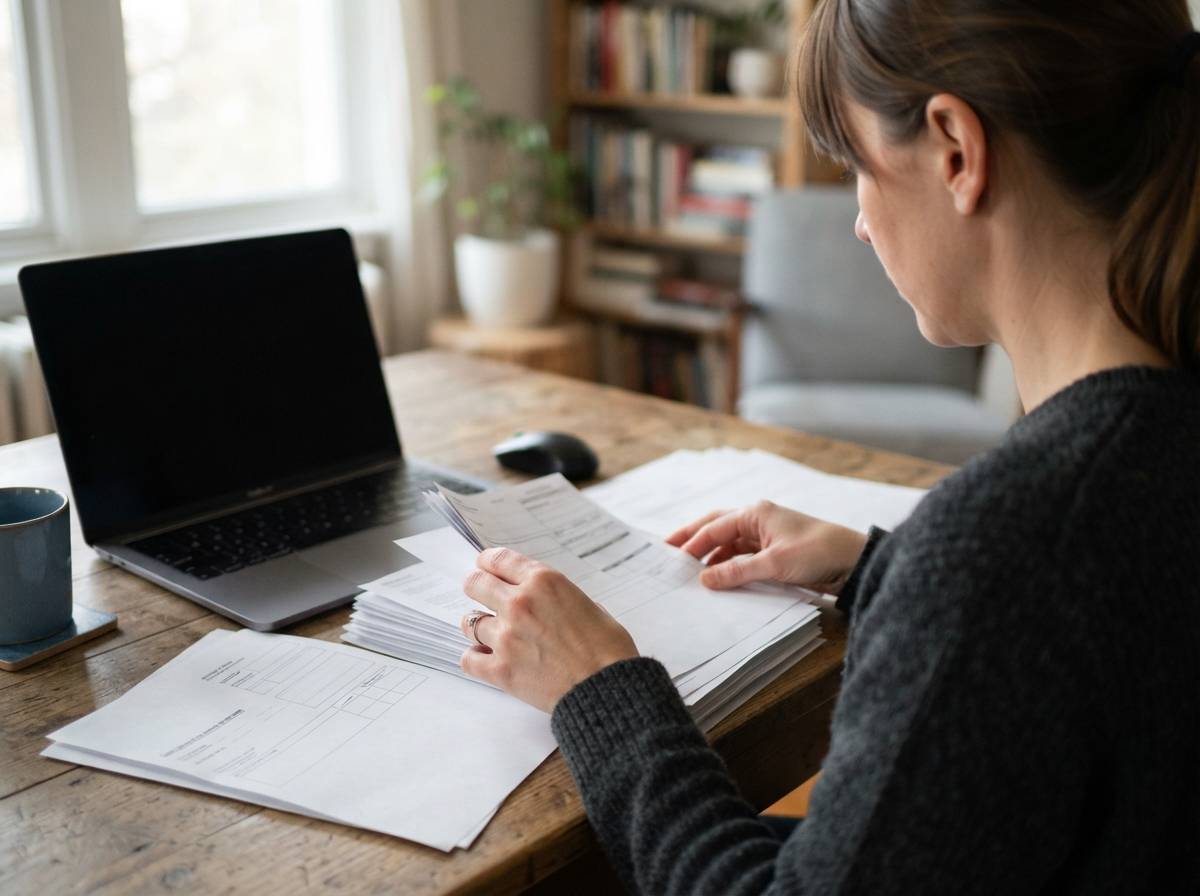 A borrower reviews pay stubs and loan documents beside a laptop.
