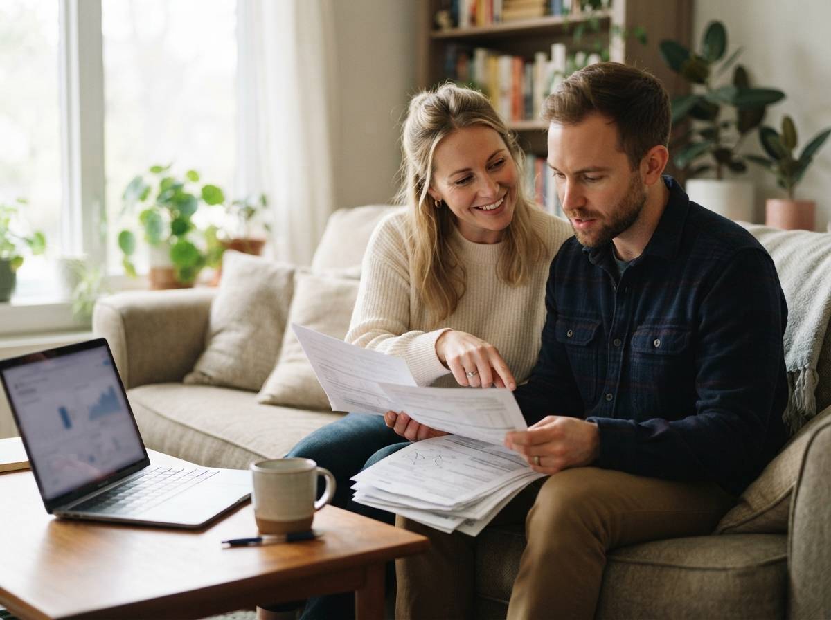 A couple reviewing personal loan paperwork together on their living room sofa.