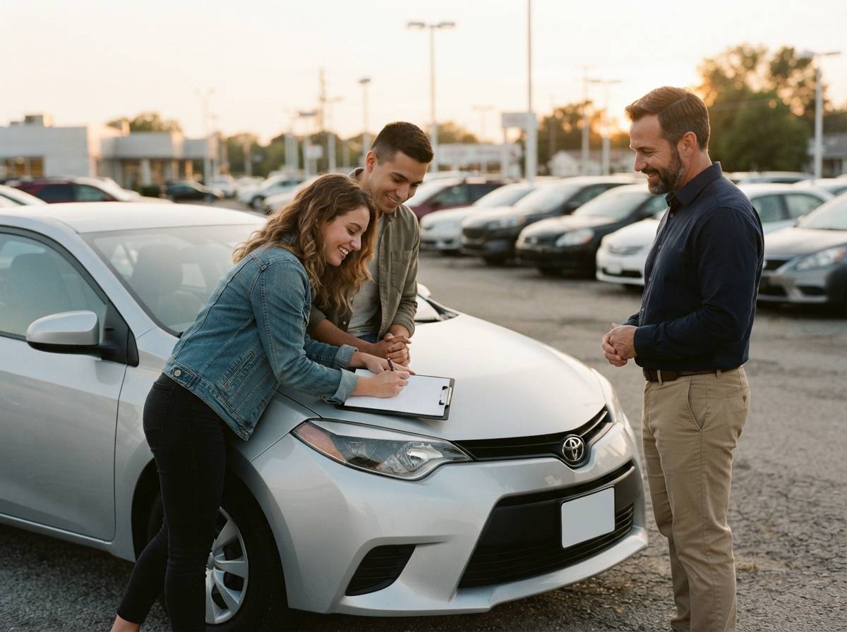 A couple signs car loan paperwork on the hood of a vehicle at a dealership lot.