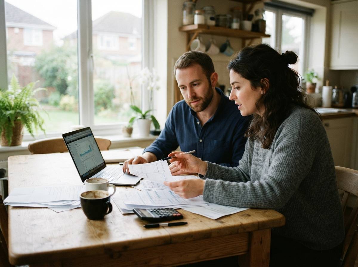 A couple sits at their kitchen table reviewing loan paperwork and a laptop while discussing financing options.