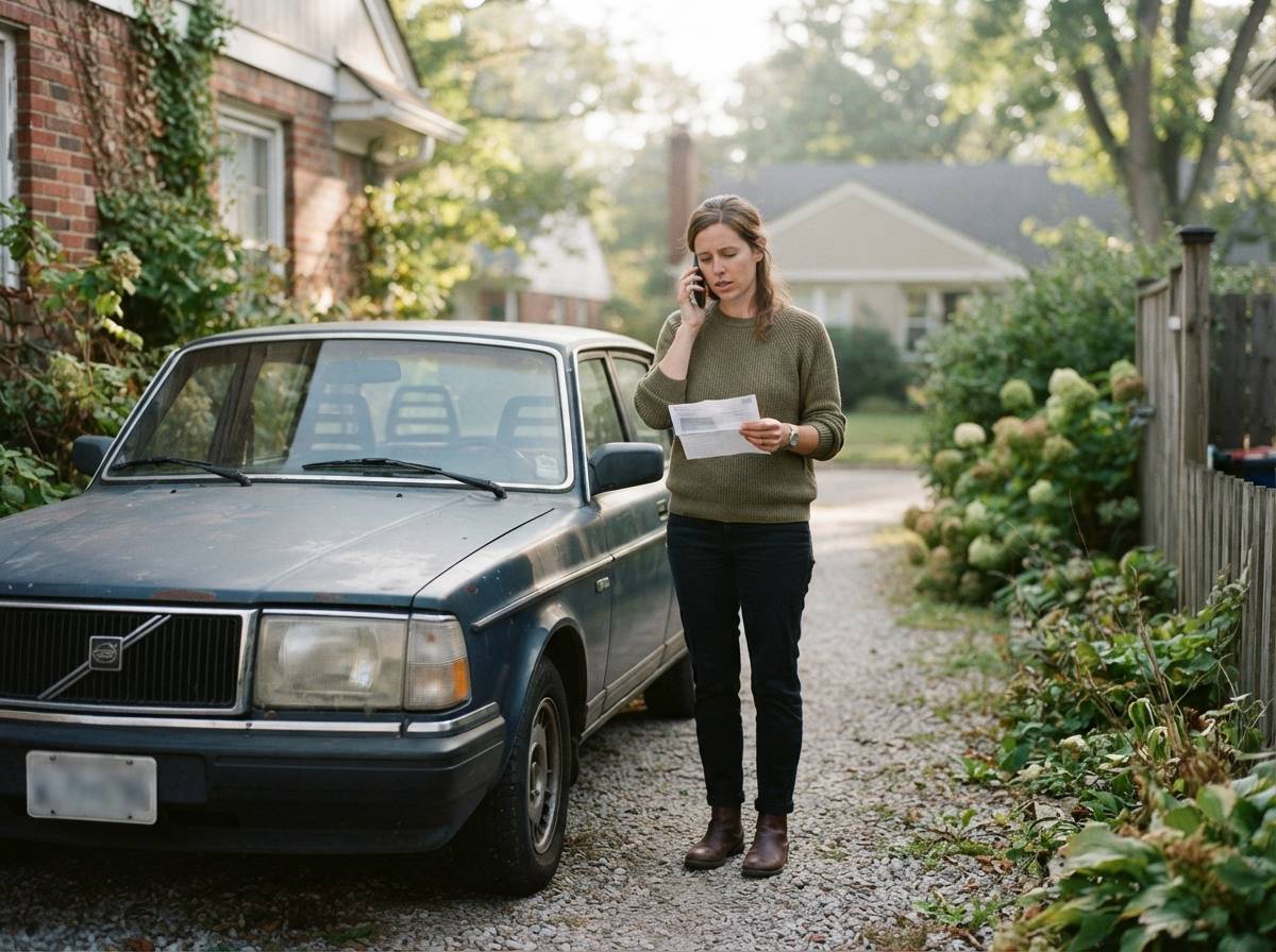 A driver calls a lender beside a car while reviewing a bill.