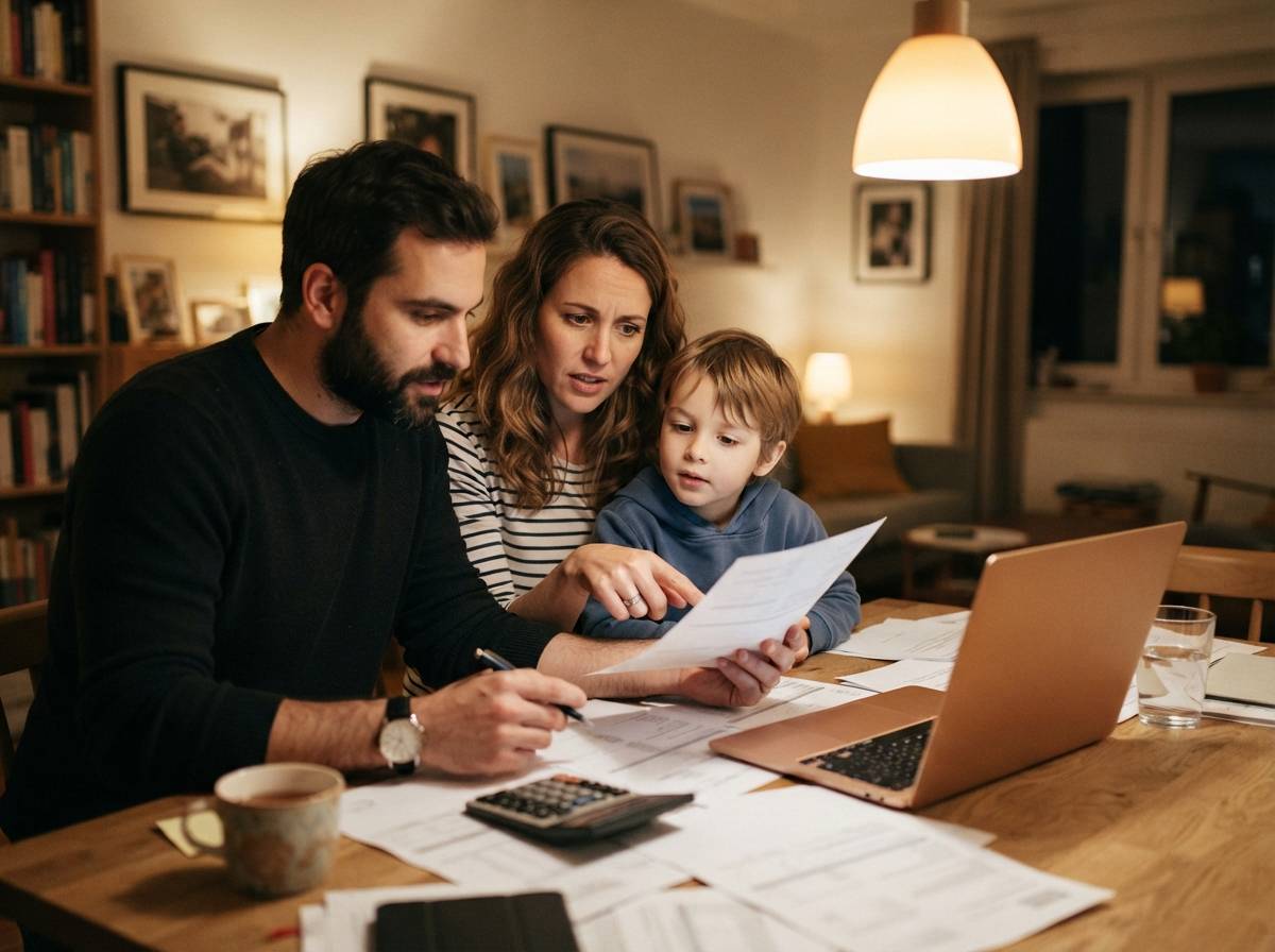 A family reviews household bills and finances together at their dining table in the evening.