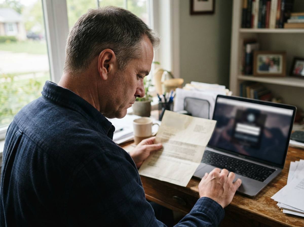 A homeowner reviews a foreclosure notice letter at a desk beside an open laptop.