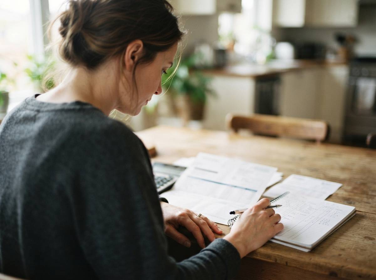 A homeowner reviews household finances and a mortgage statement at a dining table.