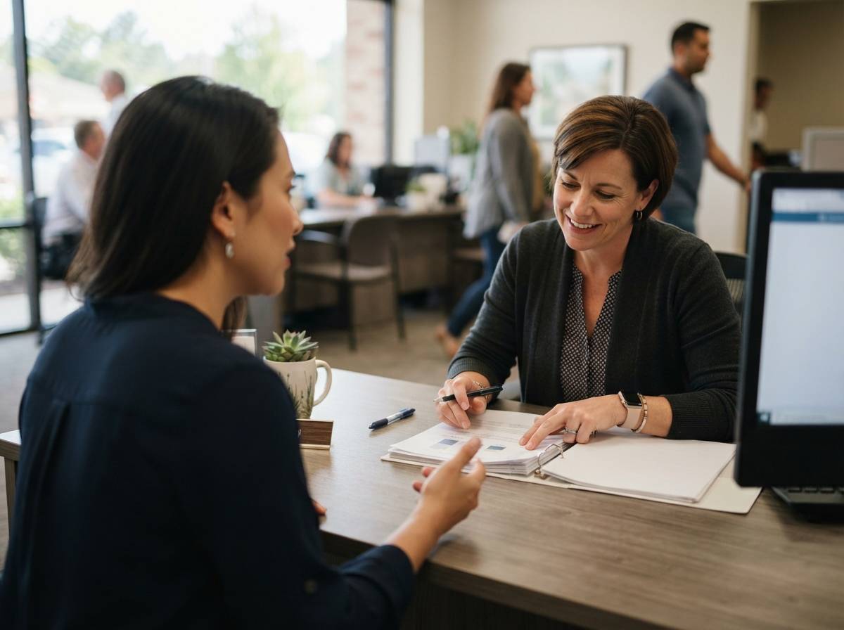 A loan applicant discusses paperwork with a credit union employee.