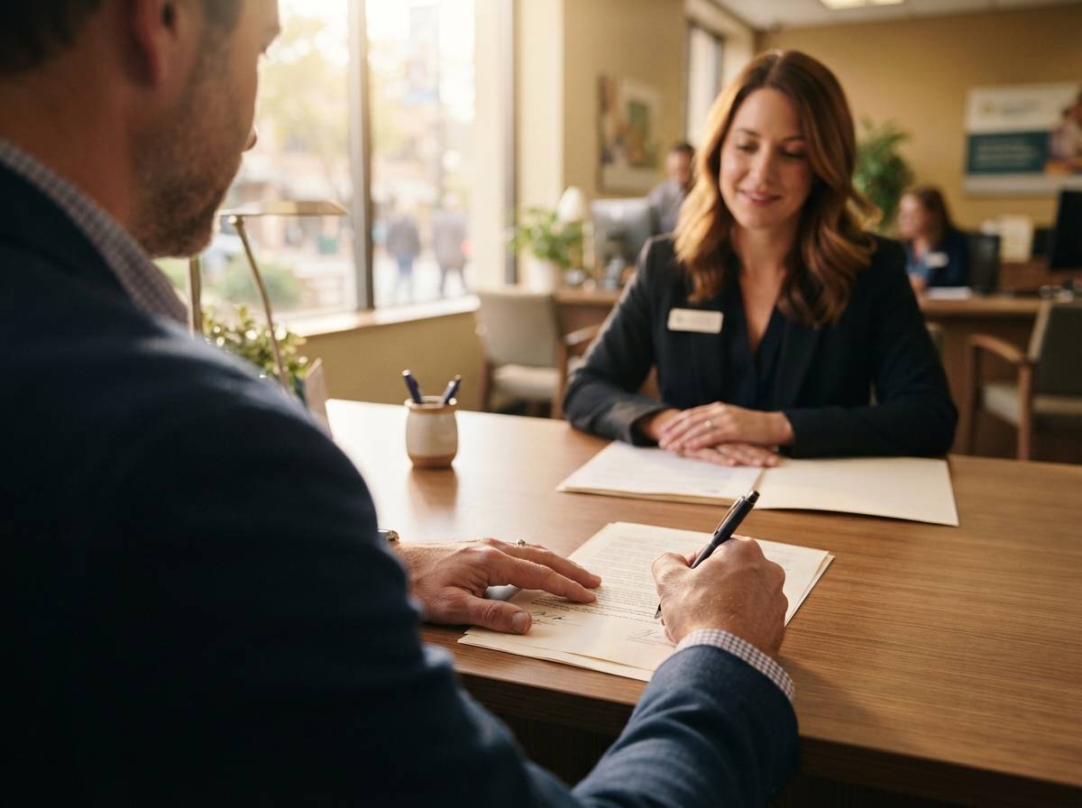 A loan officer explains loan paperwork to a customer at a credit union branch desk.