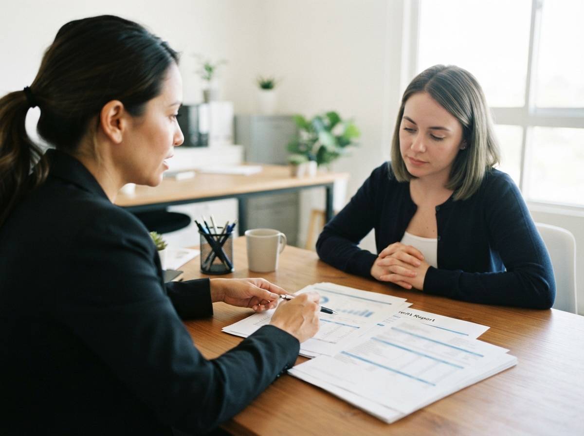 A loan officer reviews financial documents with a client seated across the desk.