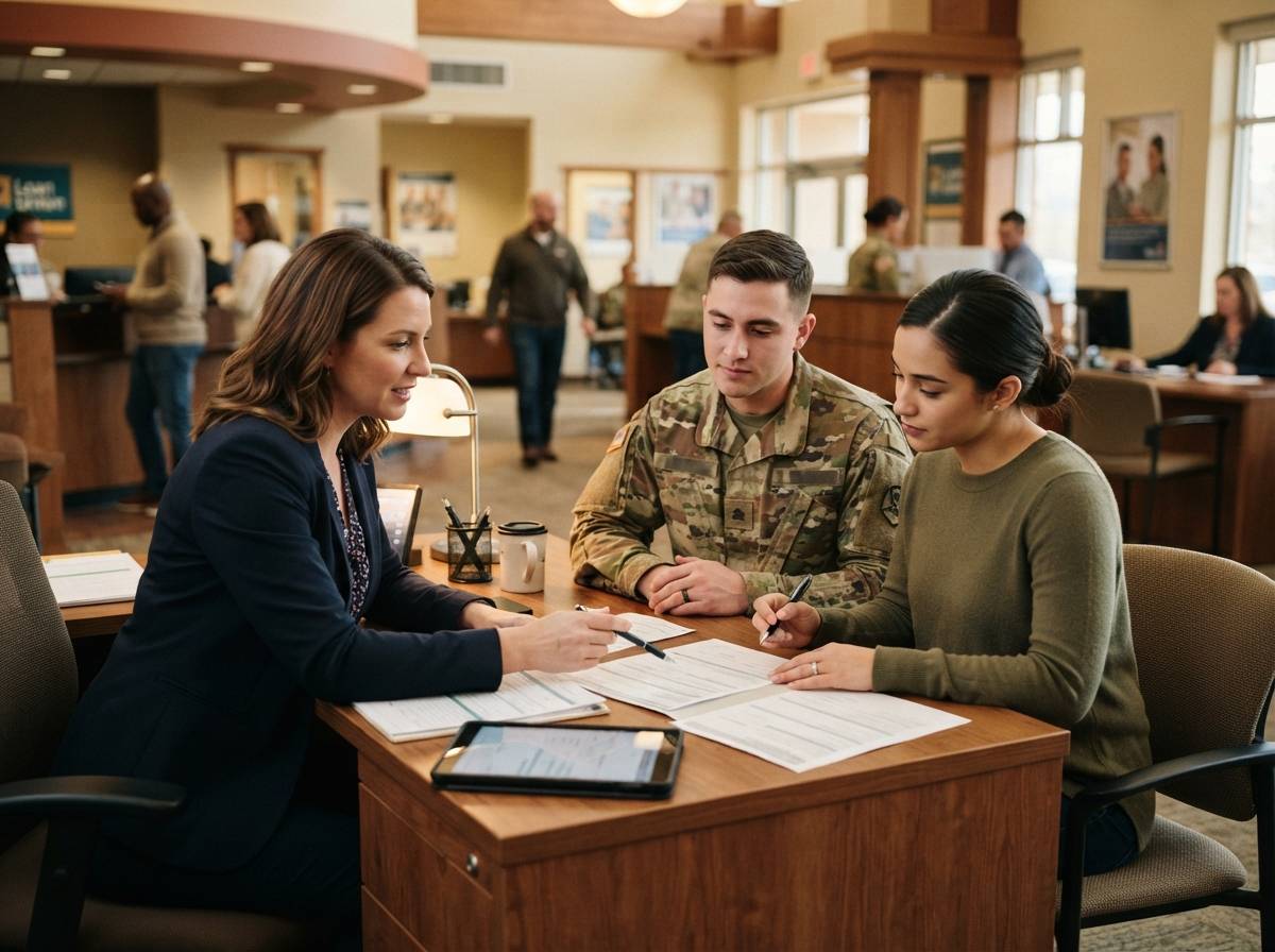 A loan officer reviews paperwork with a young military couple at a credit union branch desk.