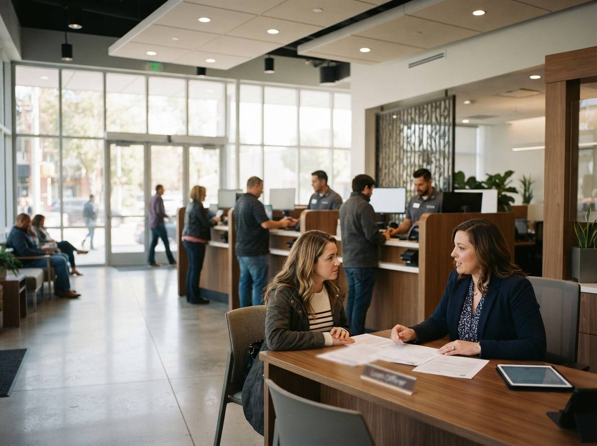 A loan officer speaks with a customer at a credit union teller counter.