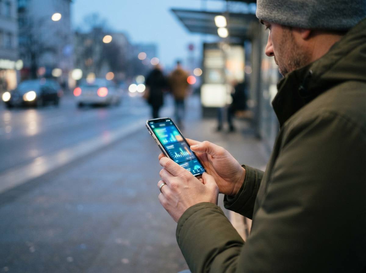 A man checks his banking app on his phone while standing in a grocery store aisle.a