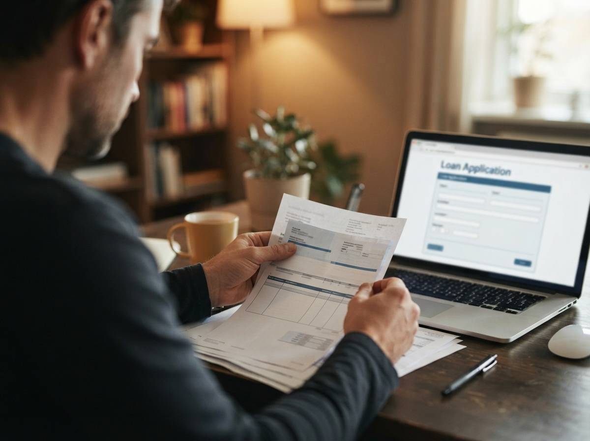 A man reviews bank statements and pay stubs while filling out a loan application on his laptop.etags1cannot be filled here