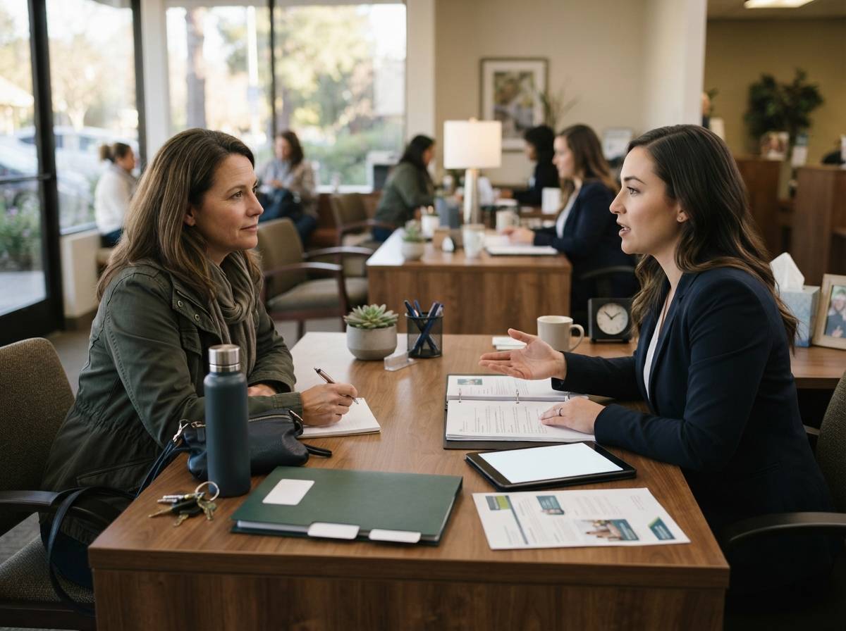 A member and a loan officer discuss a secured loan across a desk.