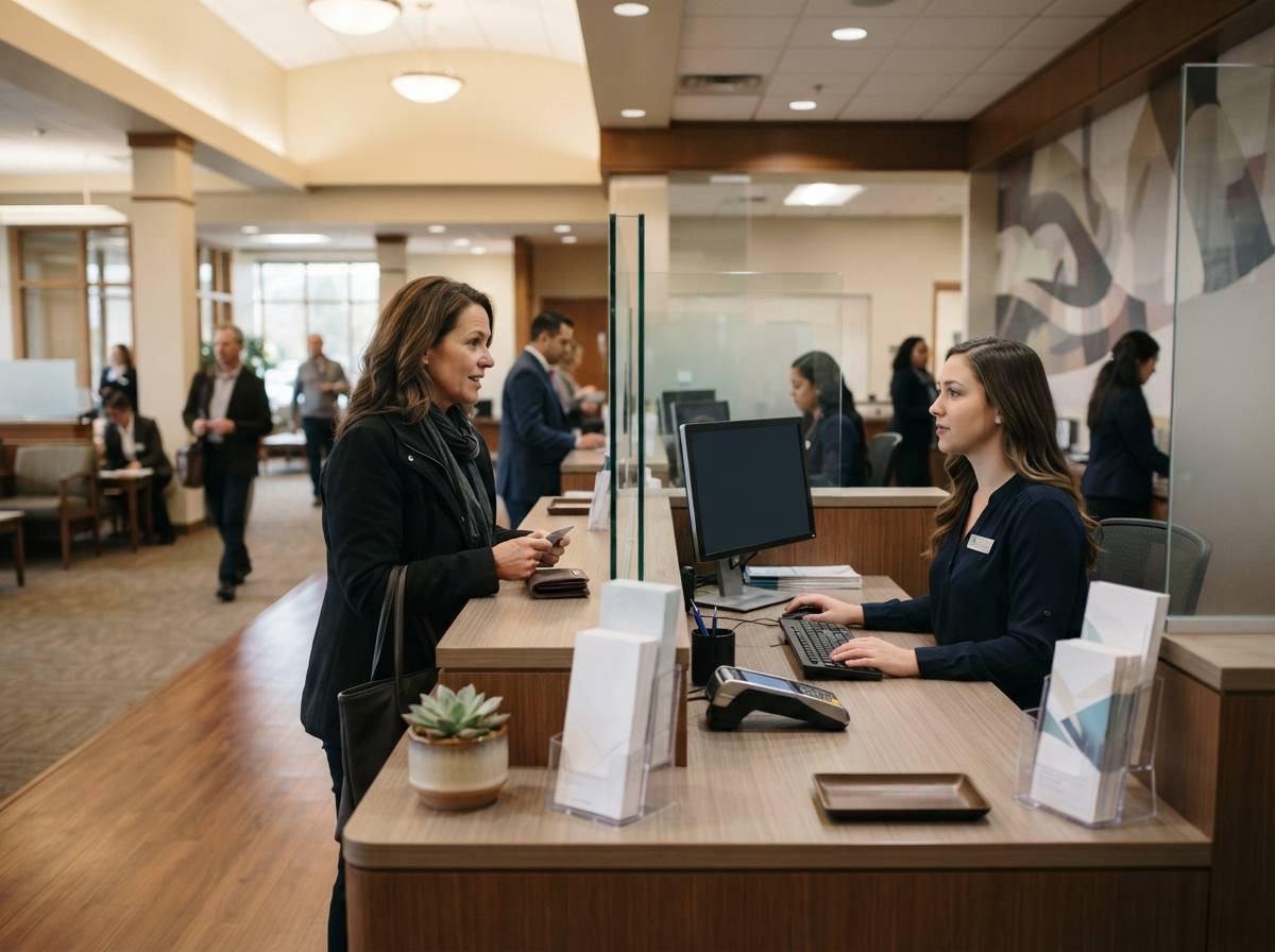 A member speaks with a teller at a credit union counter inside a branch lobby.