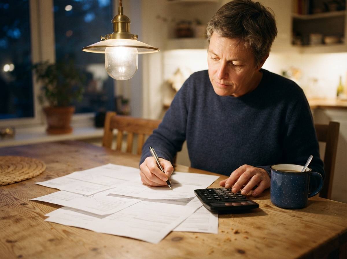 A person compares printed personal loan offers with a calculator at their kitchen table.