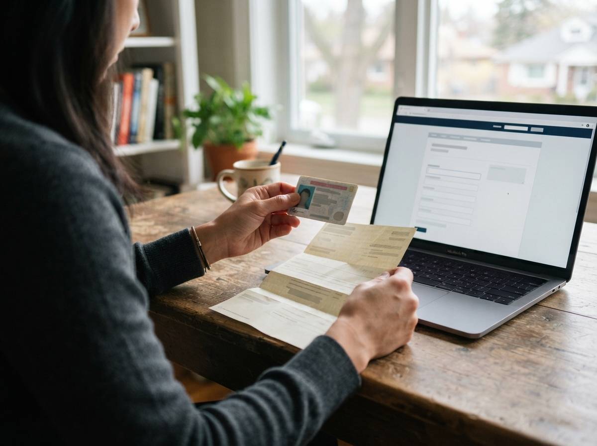 A person holds identification and paperwork while filling out a personal loan application online.
