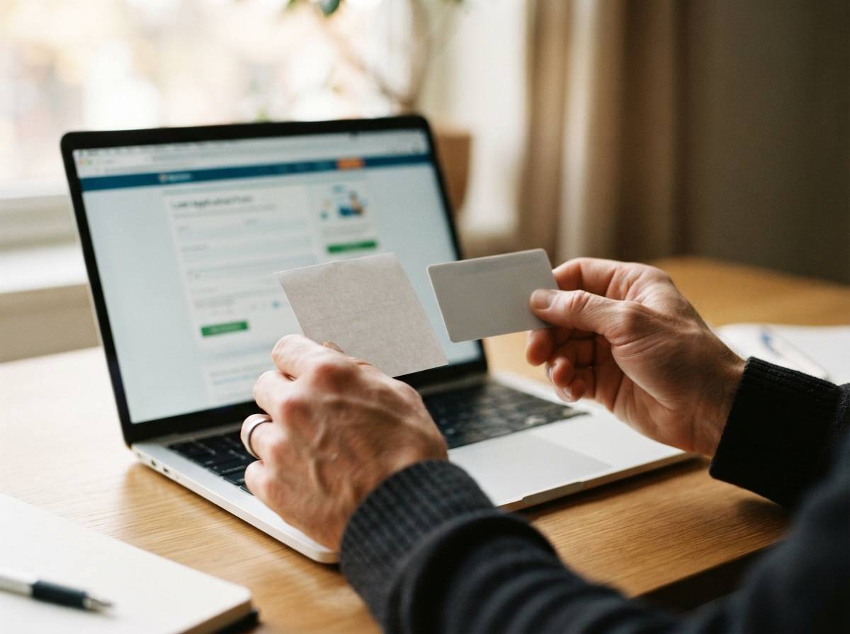 A person holds pay stub and identification documents while filling out a loan application on a laptop.