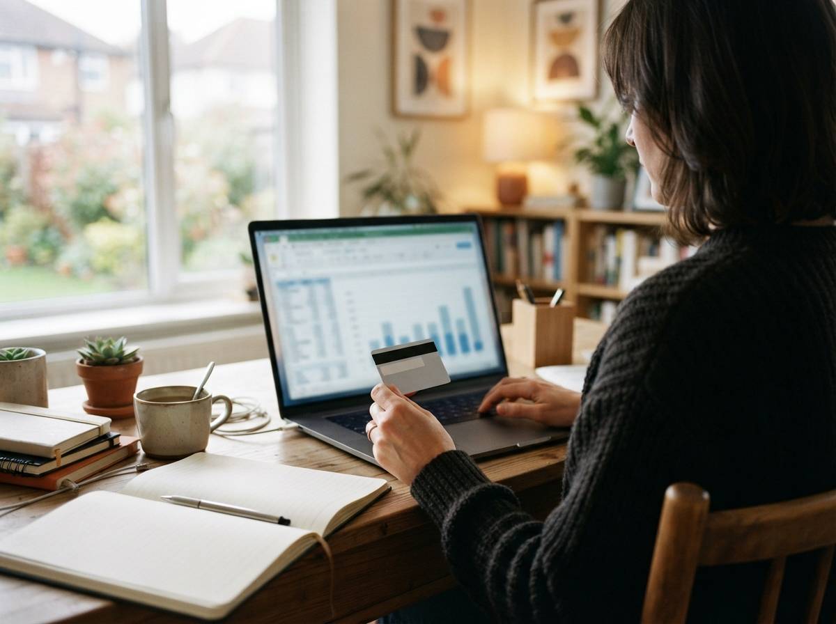 A person reviews a credit card statement on a laptop at home.