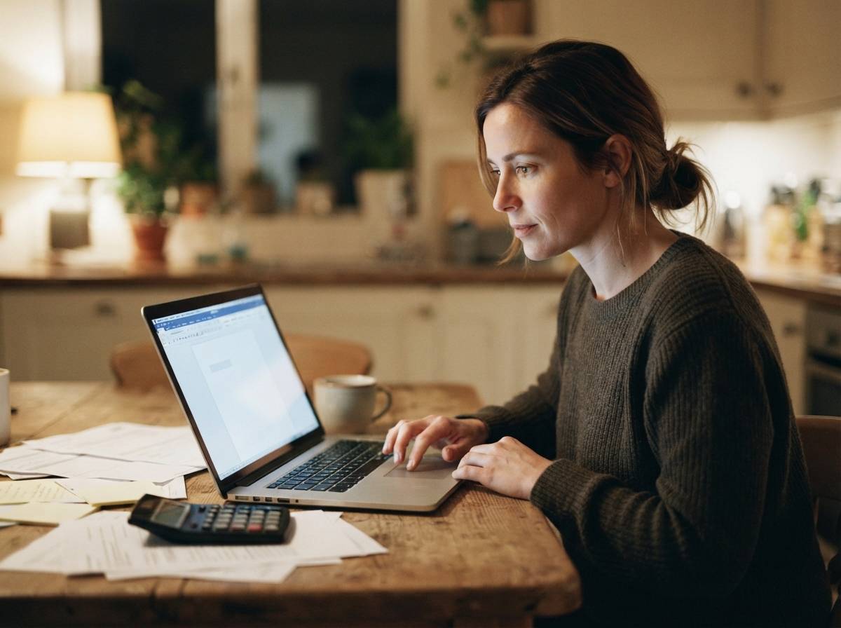 A person reviews a personal loan offer on a laptop at home in the evening.