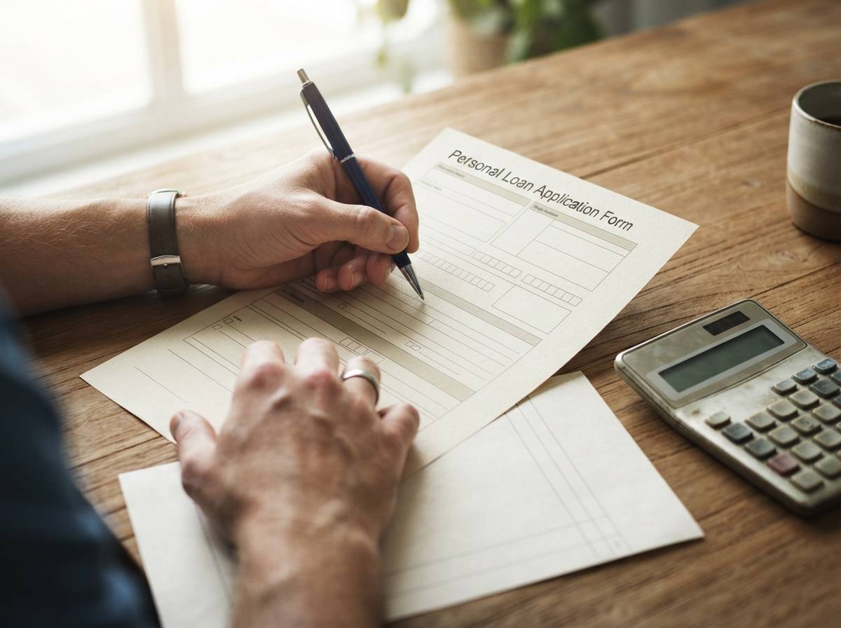 A person reviews and signs a personal loan application at a desk.