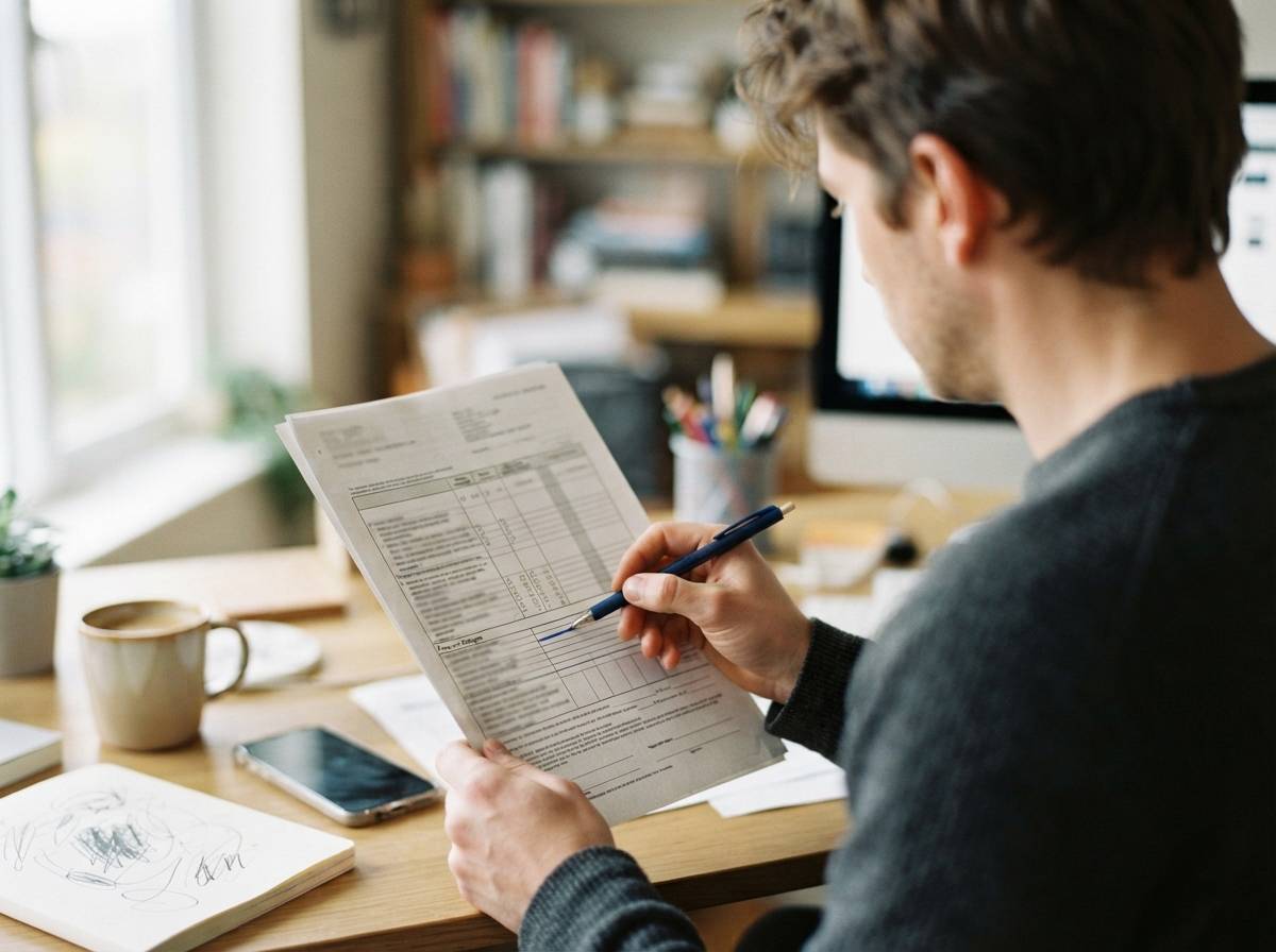 A person reviews loan documents closely, marking fee details with a pen at a desk.