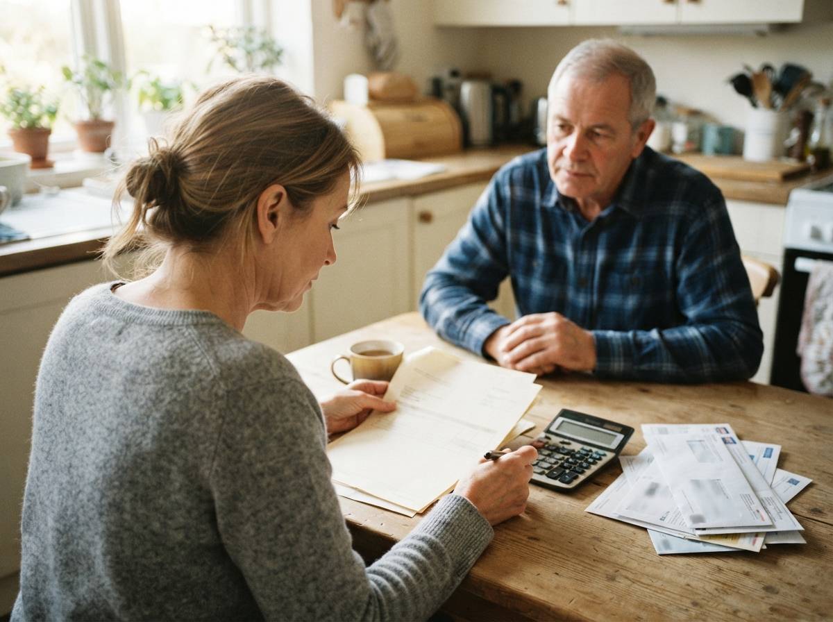 A person reviews loan papers and household bills at a kitchen table.
