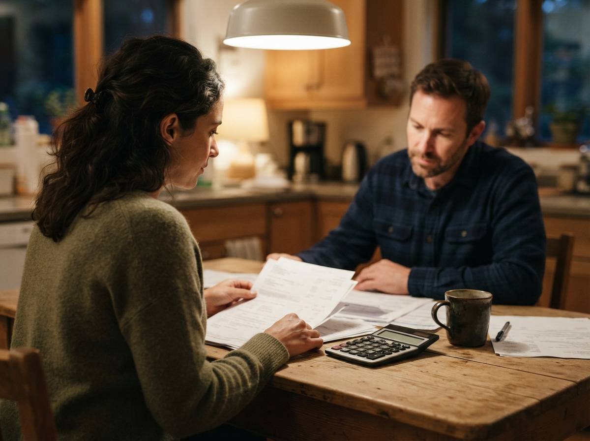 A person reviews personal loan paperwork and a calculator at a kitchen table.