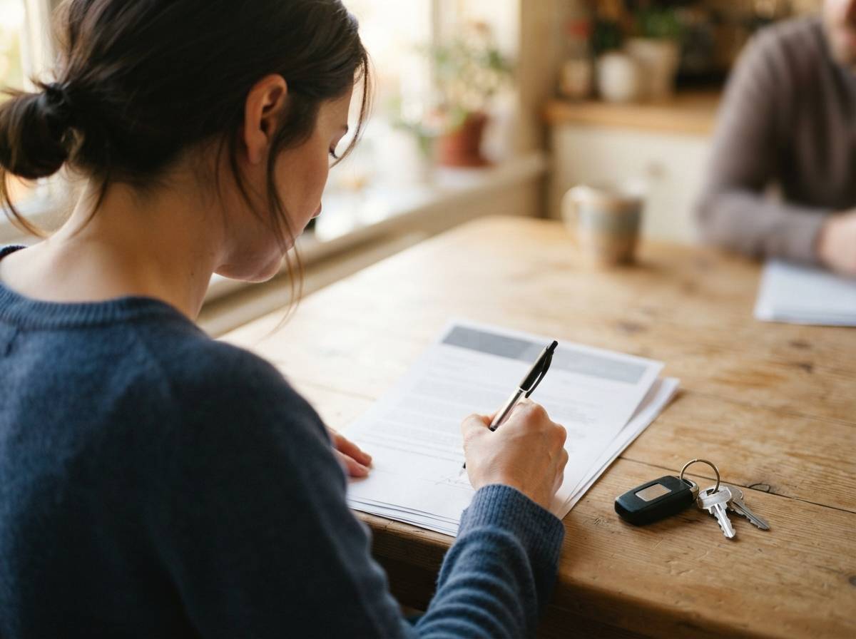 A person signs loan paperwork at a kitchen table next to car keys and house keys.