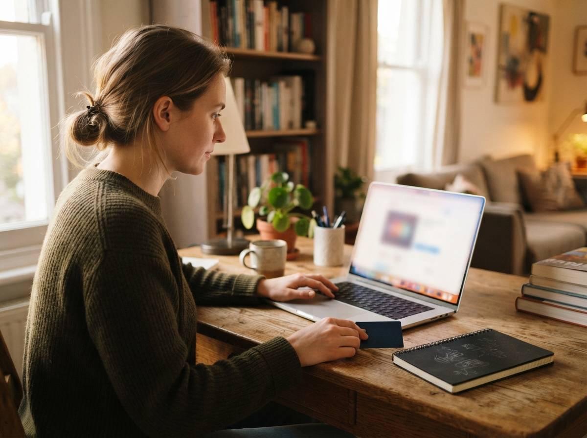 A person sits at a desk and makes a credit card payment on a laptop.