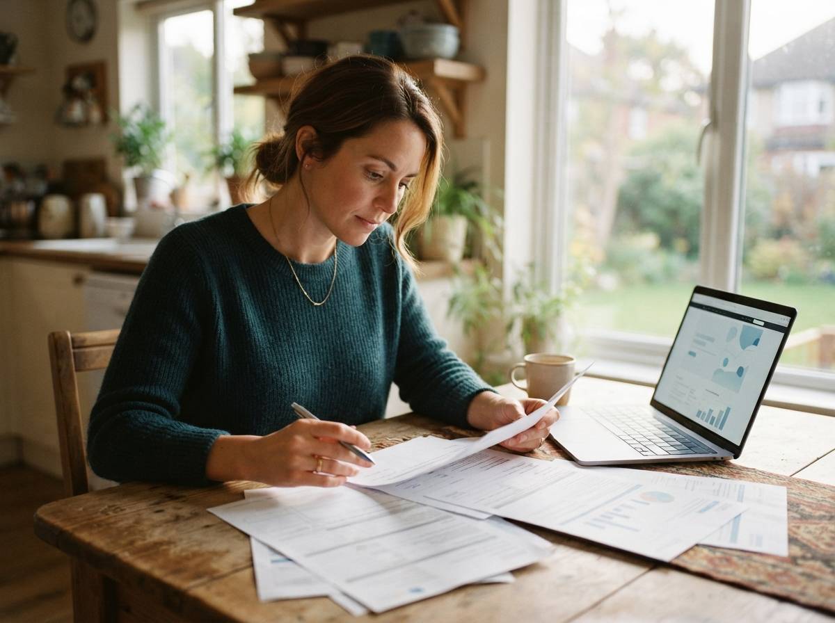 A person sits at a table reviewing loan paperwork next to an open laptop.