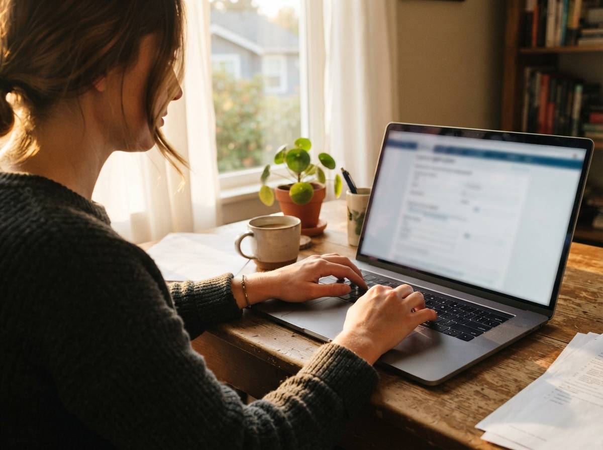 A person types loan application details on a laptop at a home desk.