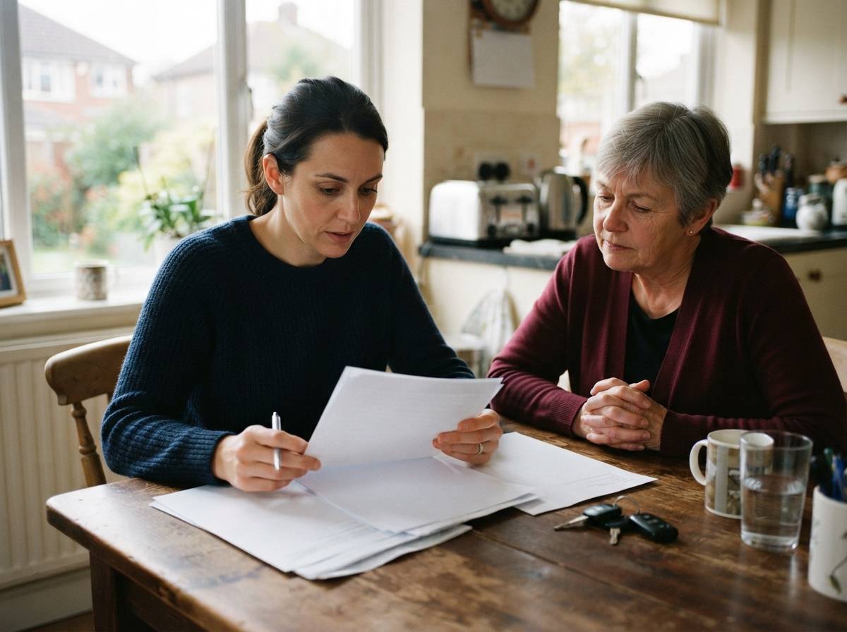 A prospective car buyer reviews loan papers beside car keys at a kitchen table.
