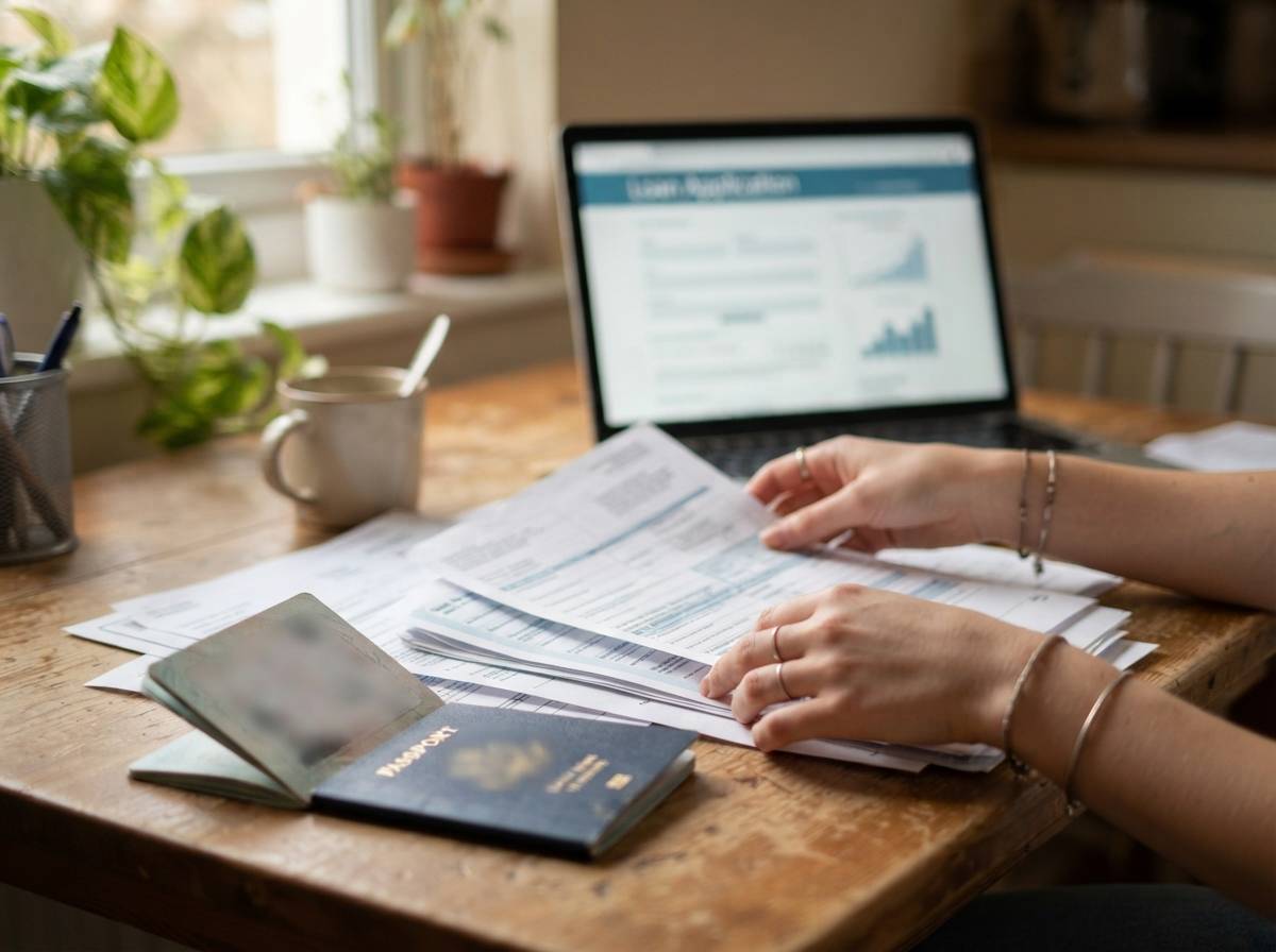 A student's hands sort through financial documents and a passport next to an open laptop.