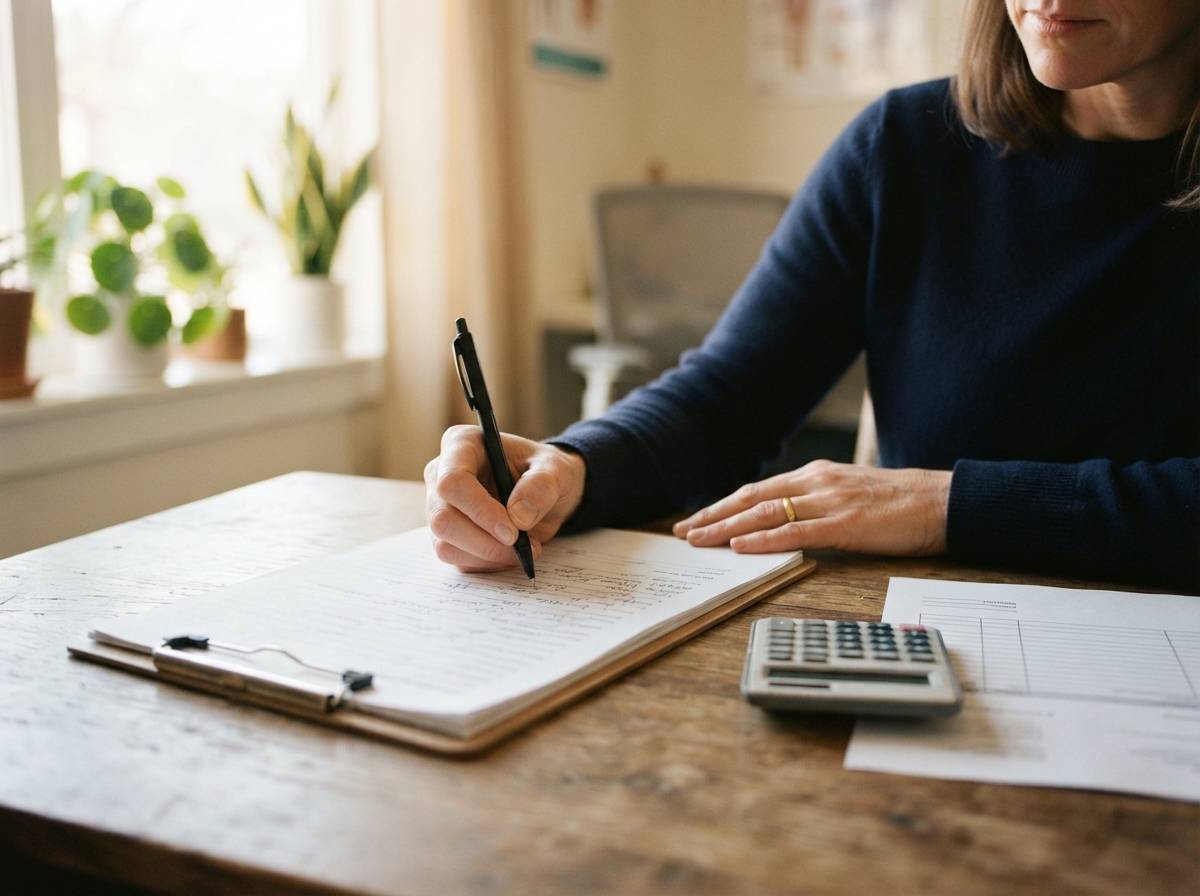 A woman fills out a clinic financial form next to a calculator and printed cost estimate.