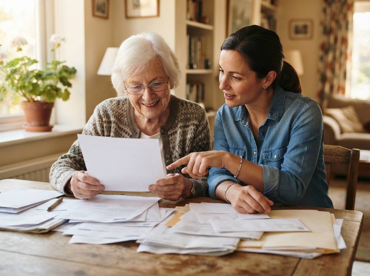 An adult child helps an older parent review papers at a dining table.