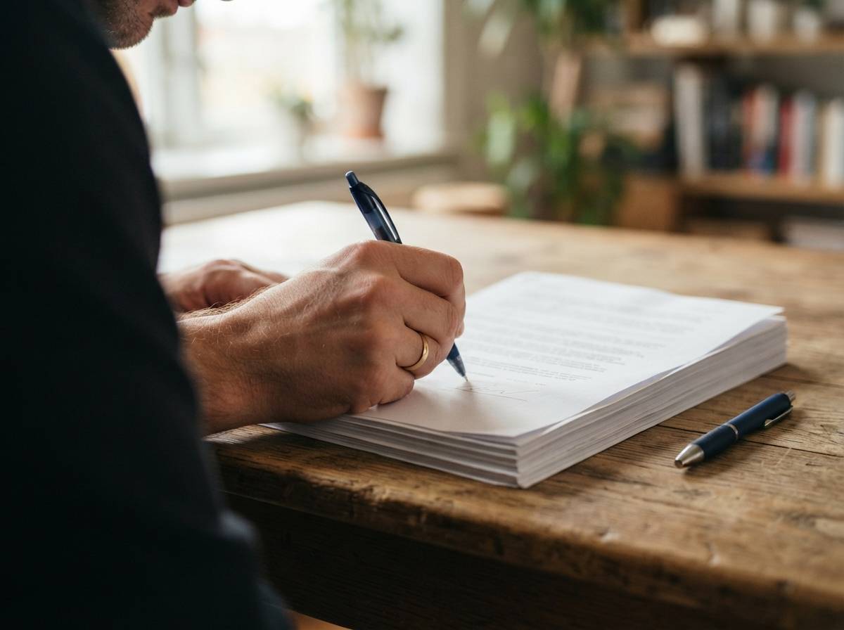 Close up of a hand signing the signature line of a personal loan agreement document.