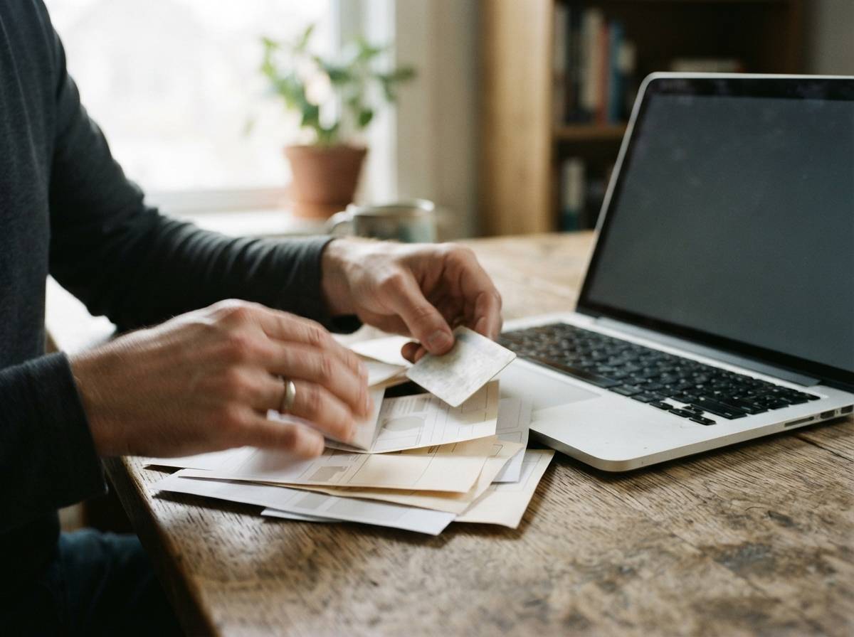 Close up of a person organizing pay stubs and identification documents for a loan application.