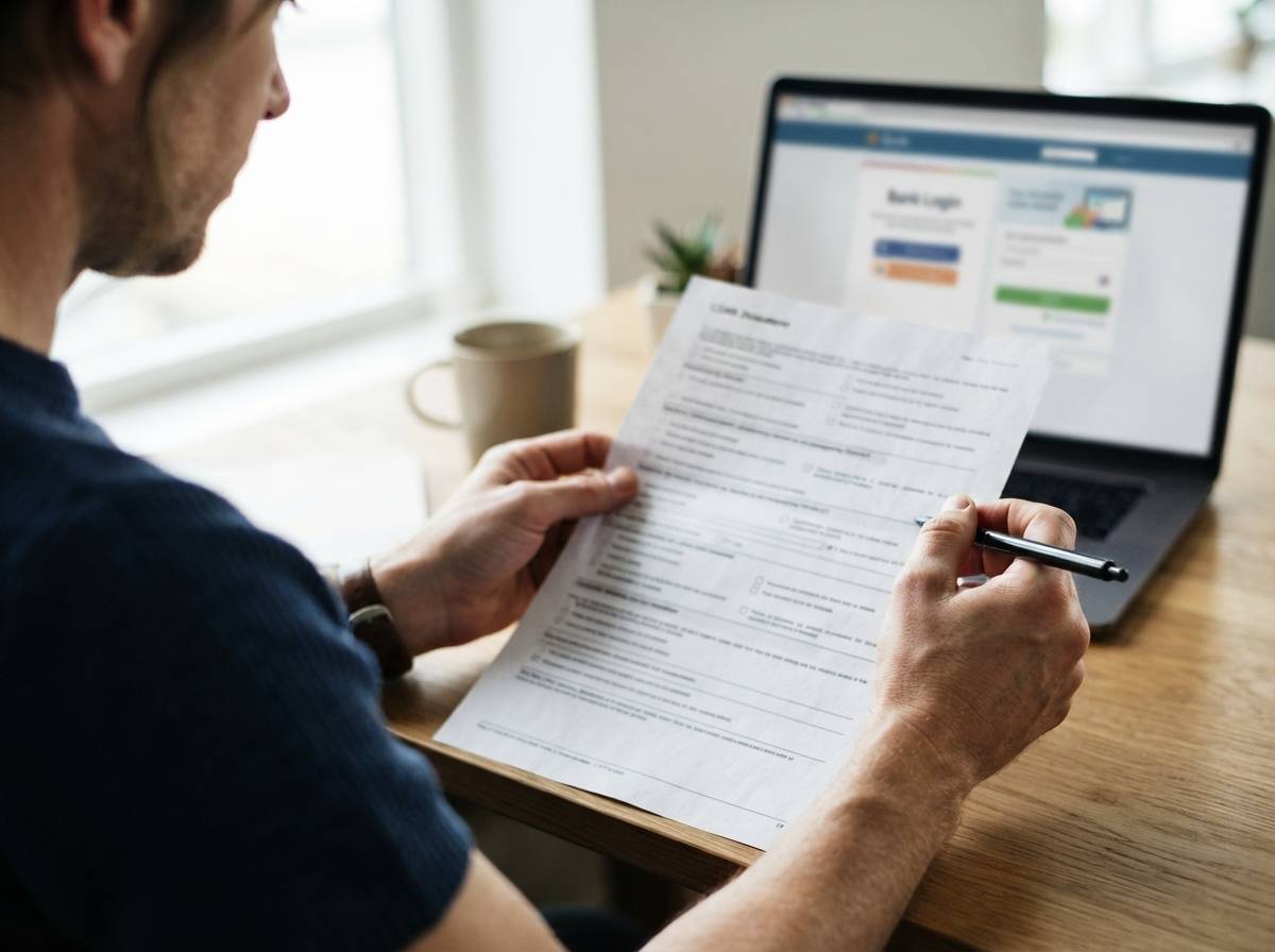 Close up of a person reviewing a personal loan document at a desk with a calculator nearby.
