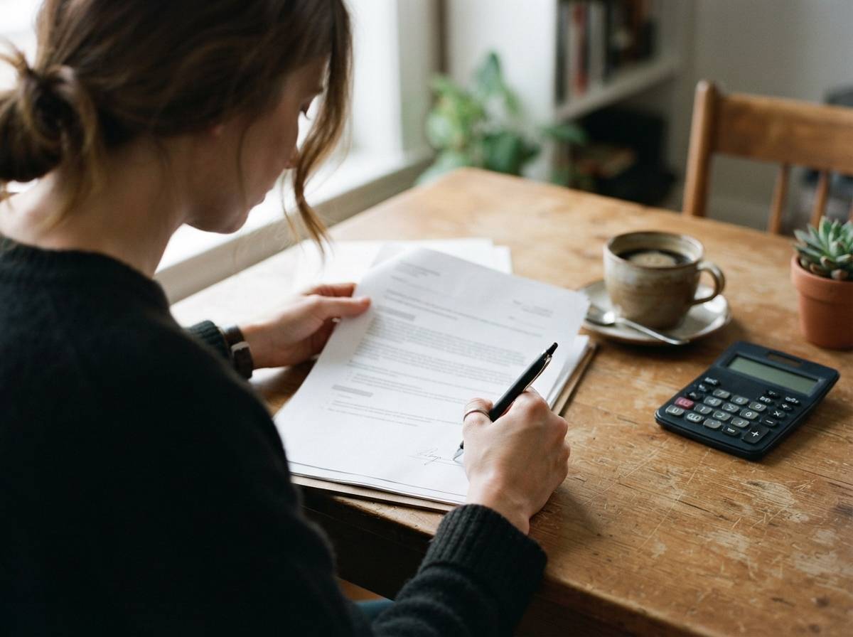 Close up of hands reviewing a loan agreement document with a calculator nearby.