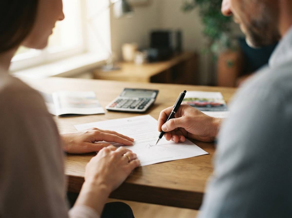 Close up of hands signing an auto loan agreement next to a calculator.