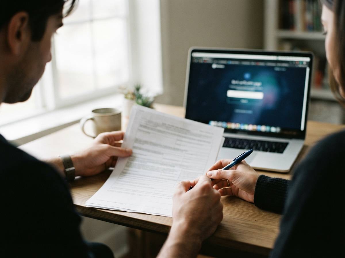 Hands hold loan paperwork and a pen at a desk with a laptop in the background.