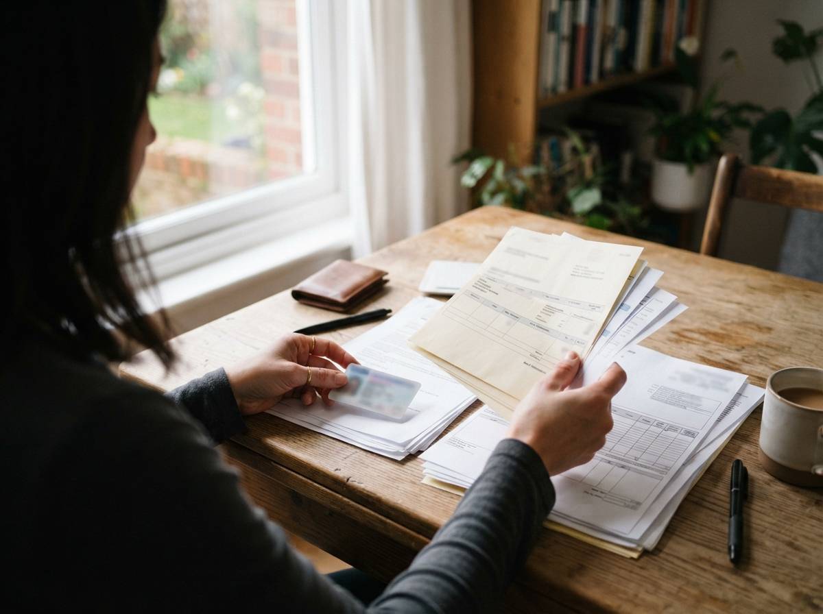 Hands organize identification and financial documents on a desk.
