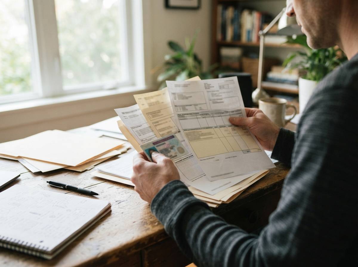 Hands sorting through pay stubs, an ID card, and bank statements on a desk.