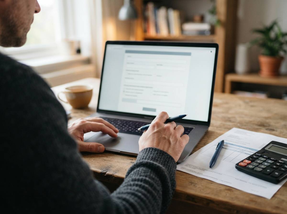 Hands typing on a laptop while filling out a personal loan application with paperwork on the desk.