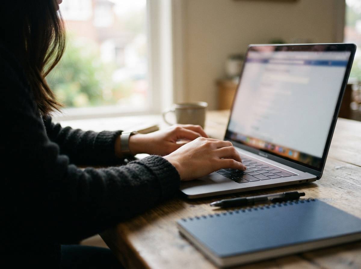 Hands typing on a laptop while filling out an online personal loan application at a desk.