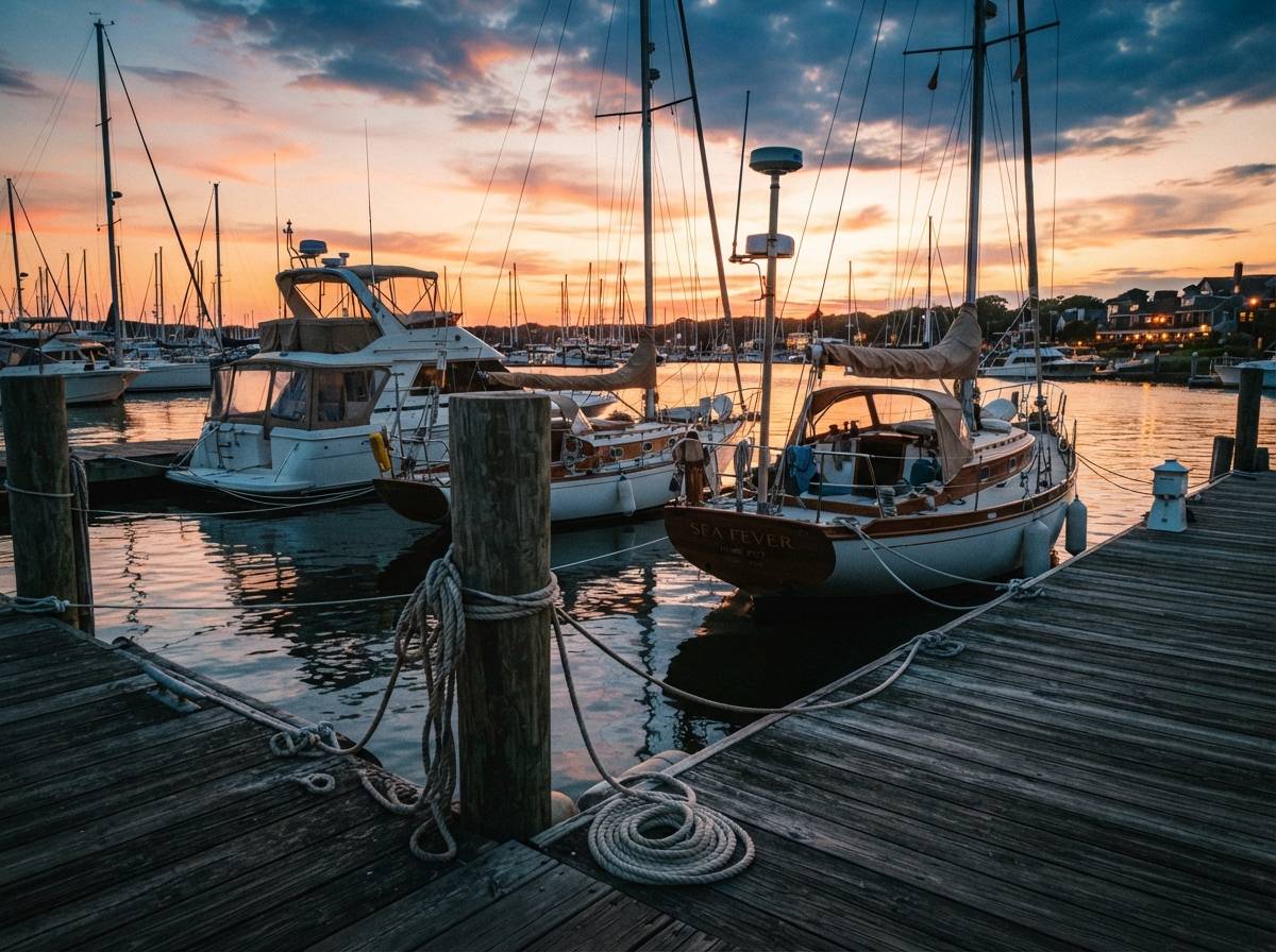 Several boats moored at a marina dock as the sun sets over the water.