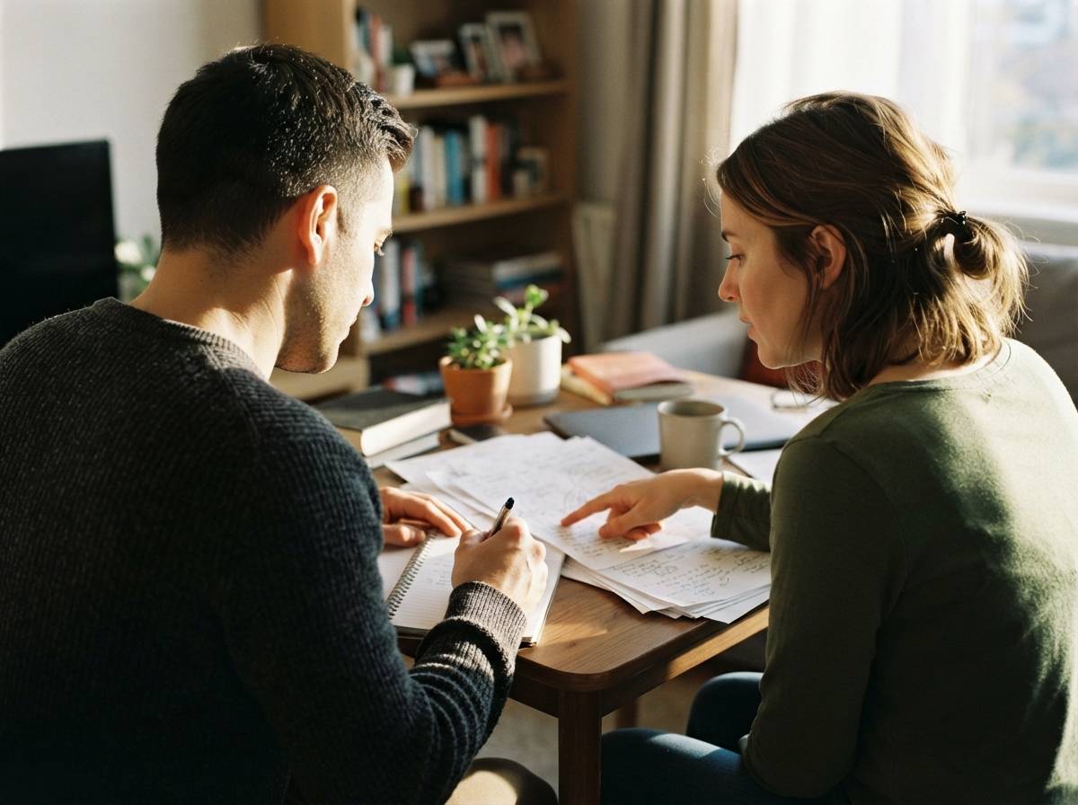 Two adults discuss loan paperwork together at a desk.